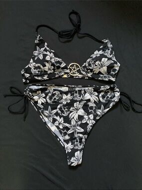 Killstar Skull Floral Bikini Set Harlette's Revenge Silver Pentagram Size XL